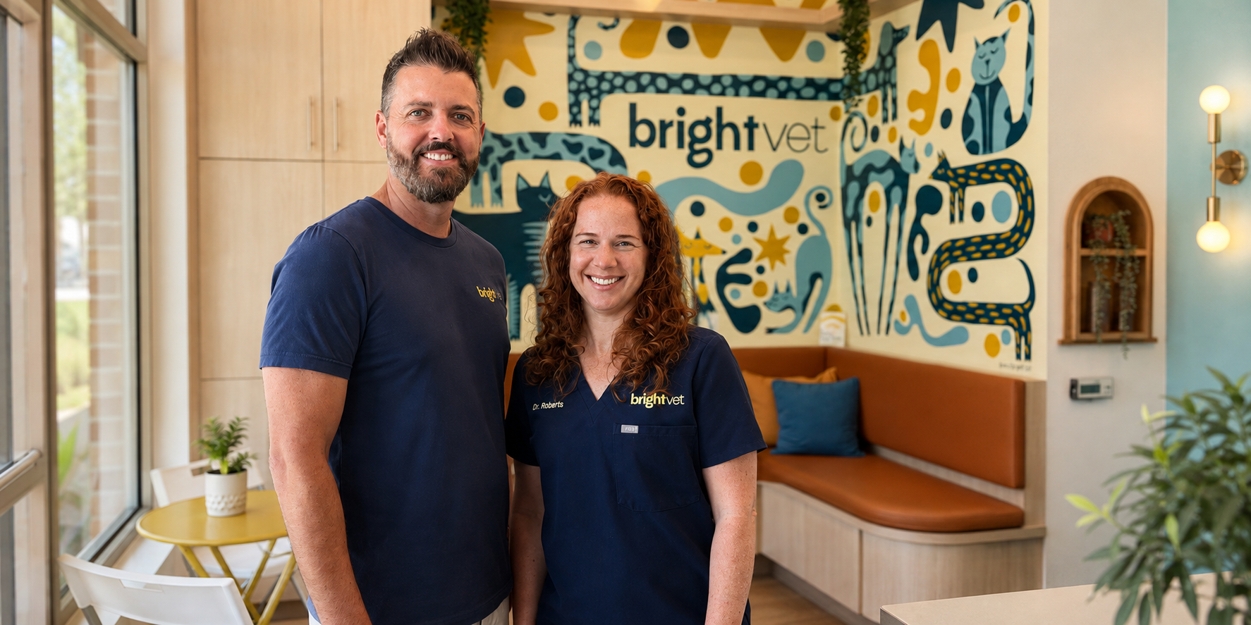 Sam and Dan Roberts in the lobby of Bright Vet