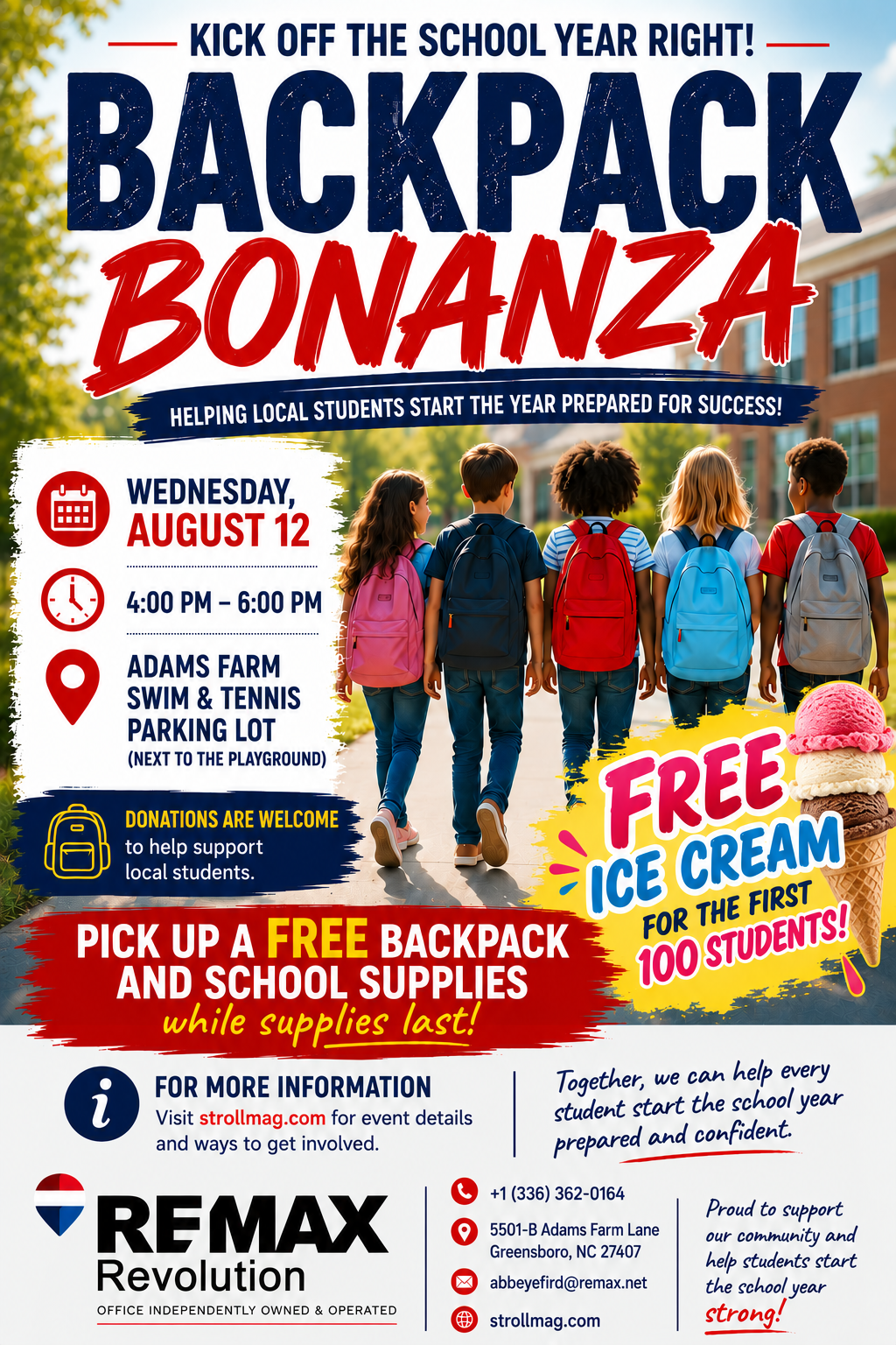 BACKPACK BONANZA Kick off the School Year Right! Wednesday, August 12, 4–6 PM